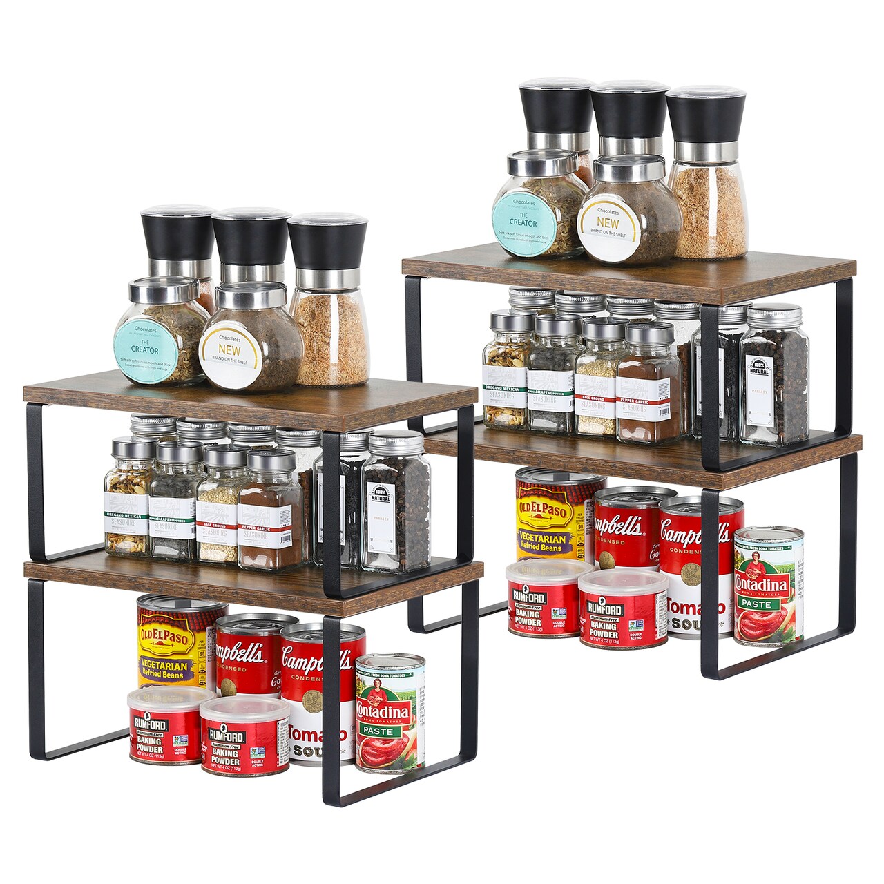 4-Pack Stackable Expandable Cabinet Shelf Organizer – Wood & Metal Counter Rack for Kitchen, Bathroom, Pantry (Multi-Configurable, Easy Install)